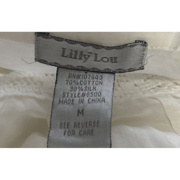LILLY LOU Women Silk Blend Top Button Front Lace 3/4 Sleeve Sz M White 71-3 - Picture 7 of 10